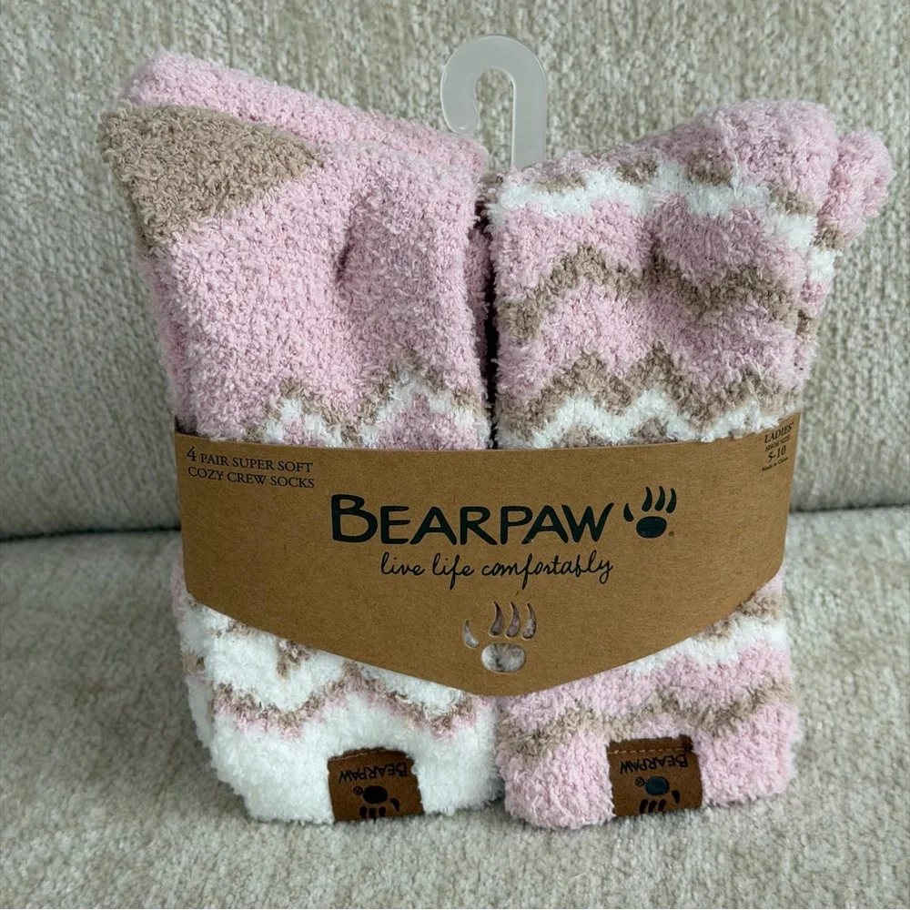 BearPaw Pink, Brown and White Zigzag Cozy Crew Socks, 4pk Sz 9-11